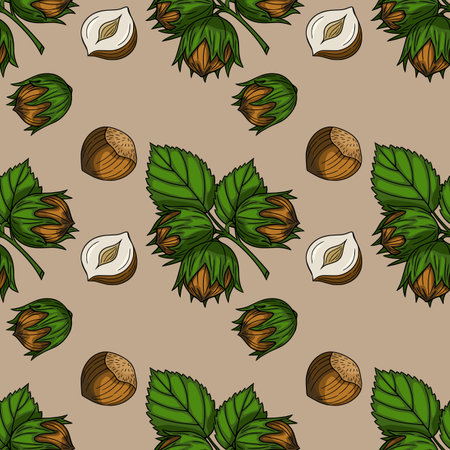 Seamless vector pattern with hand-drawn hazelnuts, showcasing detailed leaves and nuts in shell and peeled, against a muted beige background, perfect for autumnal designs.のイラスト素材