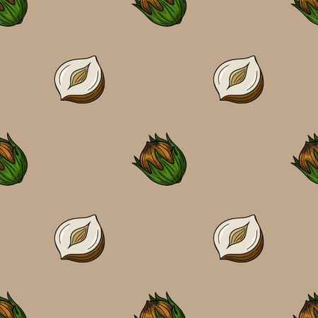Seamless vector pattern of hazelnuts in shell and shelled, with a neutral beige background, showcasing detailed hand-drawn style illustrations of the nuts.のイラスト素材