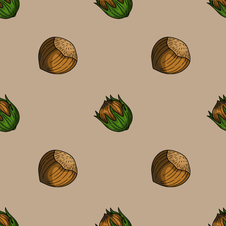 Seamless vector pattern of hazelnuts in shells and husks, illustrated in a hand-drawn style with brown and green colors on a beige background, perfect for autumnal designs.のイラスト素材