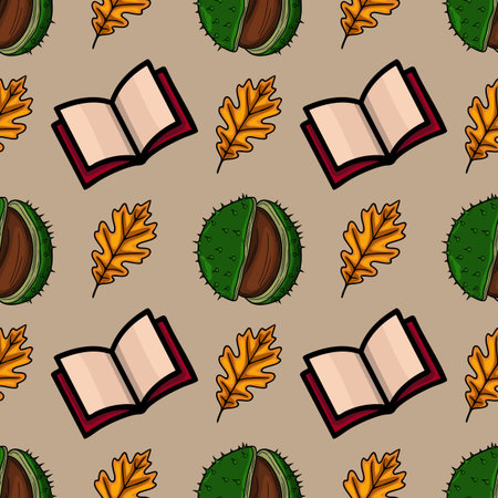 Seamless vector autumn pattern featuring opened books, chestnut shells, and oak leaves, creating a cozy and educational autumnal vibe.のイラスト素材