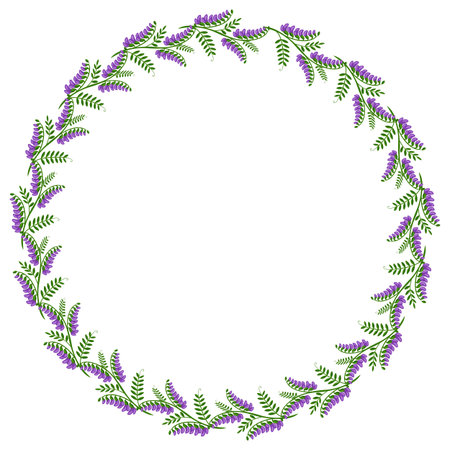 Elegant vector round frame with a continuous pattern of stylized purple tufted vetch flowers and green leaves, perfect for invitations or decorative design.のイラスト素材