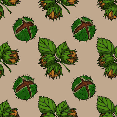 Seamless vector pattern of hazelnuts and chestnuts with green leaves on a beige background, creating a rustic autumnal design.のイラスト素材
