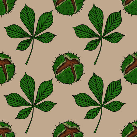 Seamless vector pattern of chestnut leaves and opened chestnuts in a beige background, creating a natural and autumnal design.のイラスト素材