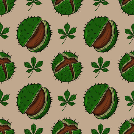 Seamless vector pattern of hand-drawn chestnut husks and leaves, featuring a detailed, vintage-style illustration with rich green and brown tones, ideal for autumnal designs and textile prints.のイラスト素材