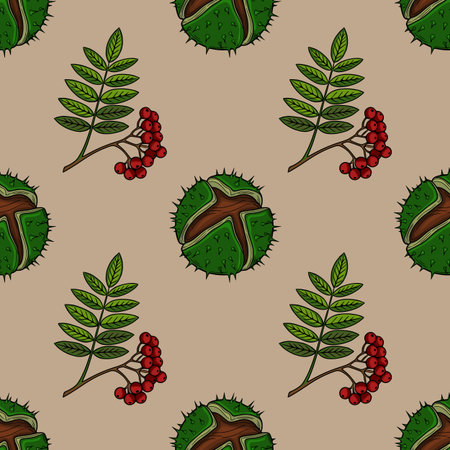 Seamless vector pattern of autumnal elements: chestnuts, rowan berries, and leaves, designed in a hand-drawn style with vibrant colors for textile or paper design.のイラスト素材