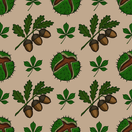 Seamless vector autumn pattern with hand-drawn acorns, chestnuts, and oak and chestnut leaves on a beige background, perfect for fall-themed designs.のイラスト素材