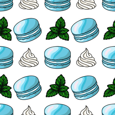 Seamless vector pattern of light blue macarons, whipped cream swirls, and fresh mint leaves, creating a delightful and appetizing design for culinary projects.のイラスト素材