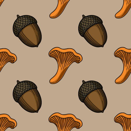 Seamless vector pattern featuring hand-drawn acorns and chanterelle mushrooms in a stylized vintage illustration style, perfect for autumnal designs.のイラスト素材