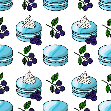 Delightful vector seamless pattern featuring light blue macarons with whipped cream and blueberries, creating a sweet and charming design ideal for various applications.のイラスト素材