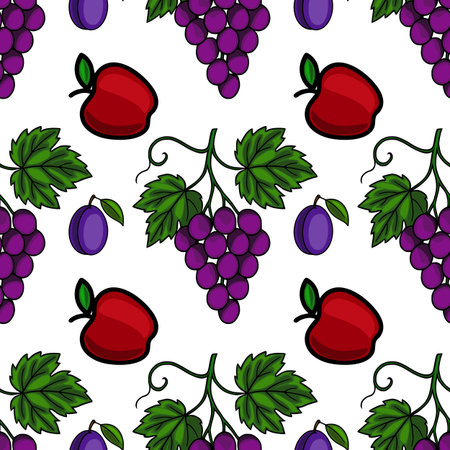 Seamless vector pattern of hand-drawn red apples, purple grapes, and plums on a white background, creating a vibrant and cheerful fruit design.のイラスト素材