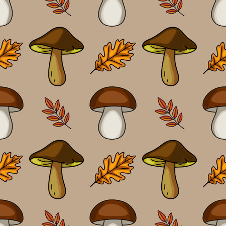 Seamless vector pattern featuring hand-drawn illustrations of brown mushrooms, oak leaves, and autumnal branches on a taupe background, creating a charming autumnal design.のイラスト素材