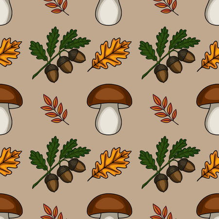 Seamless vector pattern featuring autumnal elements: mushrooms, acorns, oak leaves, and branches, creating a charming and rustic design ideal for fall-themed projects.のイラスト素材