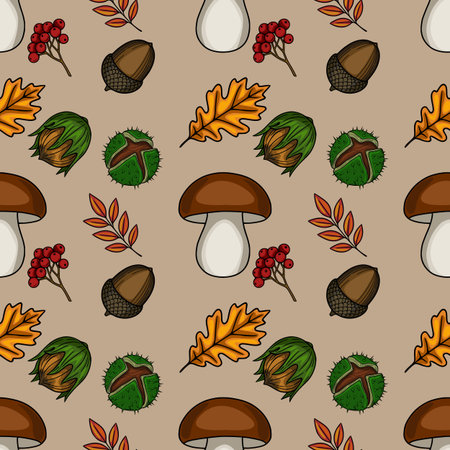 Seamless vector pattern of autumn forest elements: mushrooms, acorns, chestnuts, oak leaves, and berries, rendered in a hand-drawn style with rich earthy tones.のイラスト素材