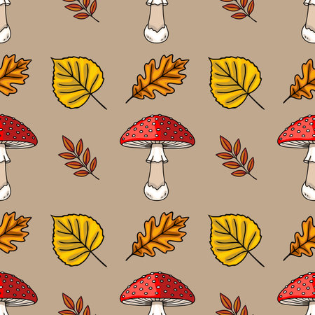 Seamless vector pattern featuring hand-drawn illustrations of vibrant red toadstools with white dots, interspersed with autumnal yellow and orange leaves, and delicate brown branches, all set again...のイラスト素材