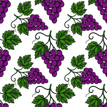 Seamless vector pattern of hand-drawn bunches of purple grapes with green leaves, creating a vibrant and natural design ideal for various applications.のイラスト素材