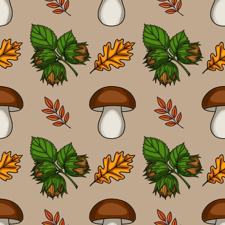 Seamless vector pattern with hand-drawn illustrations of mushrooms, hazelnuts, oak leaves, and autumn branches on a beige background, creating a charming autumnal design.のイラスト素材