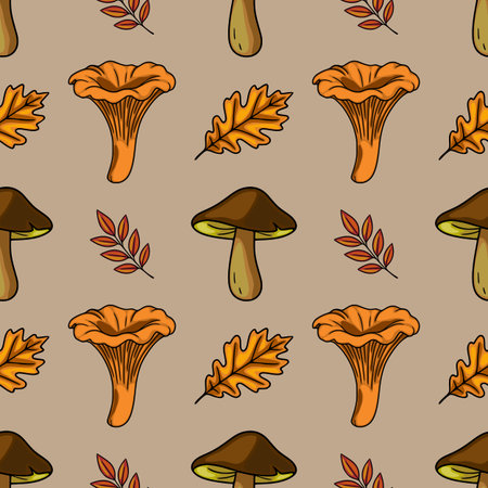 Seamless vector pattern of autumn chanterelle and brown mushrooms with oak and rowan leaves on a taupe background, perfect for fall-themed designs.のイラスト素材