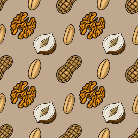Seamless vector pattern featuring a delightful mix of walnuts, peanuts, and hazelnuts, rendered in a hand-drawn style with warm, earthy tones, ideal for autumnal designs and food-related projects.のイラスト素材