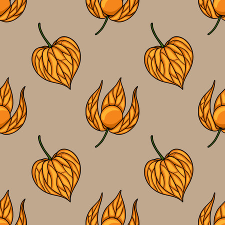 Seamless vector pattern with stylized autumnal physalis fruits in orange and beige tones, featuring intricate leaf details and a repeating design ideal for fall-themed projects.のイラスト素材