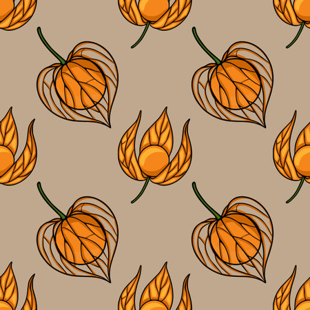 Seamless vector pattern with stylized orange physalis fruits and flowers on a beige background, creating a unique autumnal design.のイラスト素材