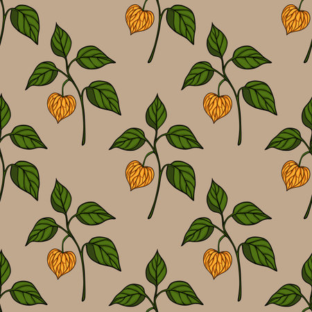 Seamless vector pattern of stylized Physalis branches with orange fruits and green leaves on a beige background, creating a delicate autumnal design.のイラスト素材