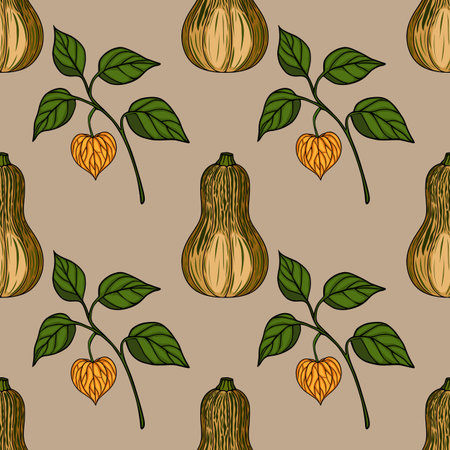 Seamless vector pattern of autumn gourds and physalis, featuring hand-drawn style illustrations with detailed textures and earthy tones, perfect for fall-themed designs.のイラスト素材