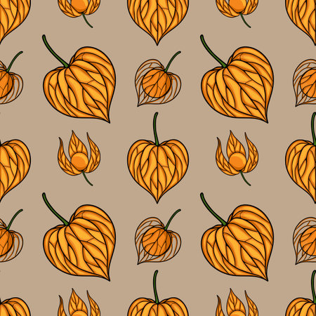 Seamless vector pattern with detailed illustrations of physalis fruits in vibrant orange hues on a muted beige background, creating a unique autumnal design.のイラスト素材