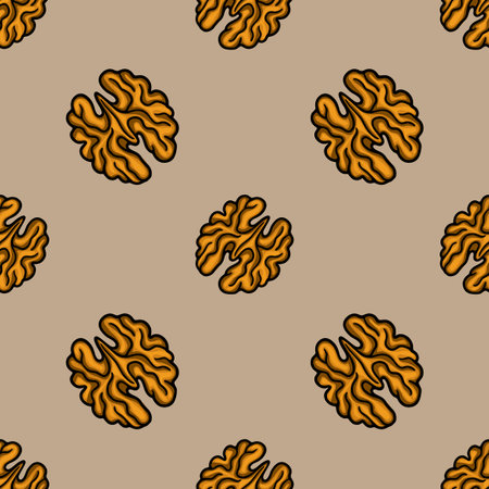 Seamless vector pattern of stylized walnut halves in orange and brown, perfect for autumnal design projects.のイラスト素材