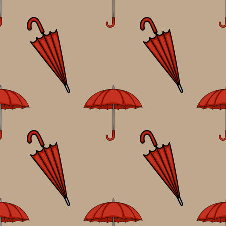 Seamless vector pattern of red umbrellas on a beige background: a stylish autumnal design with diagonal and horizontal arrangement for textile prints and web backgrounds.のイラスト素材