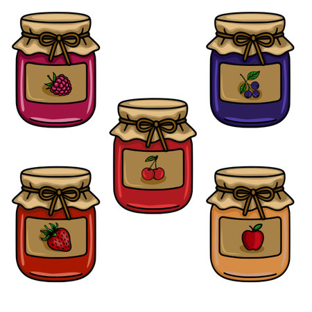 A charming vector illustration of five jars of fruit jam, each featuring a different berry or fruit and a rustic design, perfect for food blogs, packaging, or kitchen-themed projects.のイラスト素材