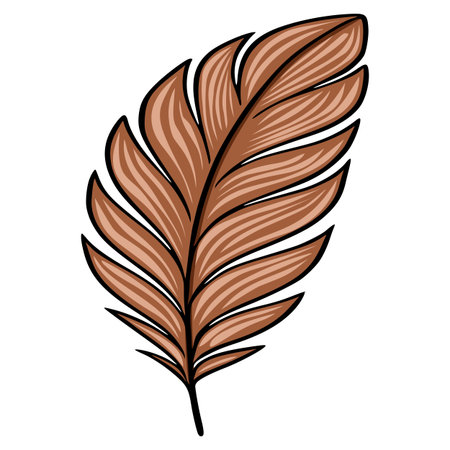 A vector illustration of a single stylized brown leaf with a detailed, textured design, featuring a central vein and gracefully curved lines, suitable for various design projects.のイラスト素材