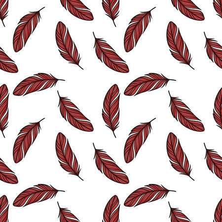 Seamless vector pattern with scattered dark red feathers on a white background, creating a stylish and elegant design.のイラスト素材