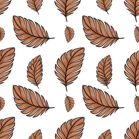 Seamless vector pattern of stylized brown tropical leaves on a white background, featuring varying leaf sizes and orientations for a unique and elegant design.のイラスト素材