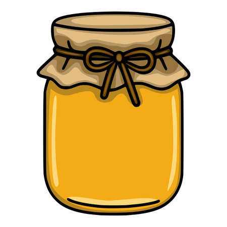 A vector illustration of a honey jar with a brown paper lid tied with a bow, showcasing a vibrant yellow honey inside, perfect for honey-related designs.のイラスト素材