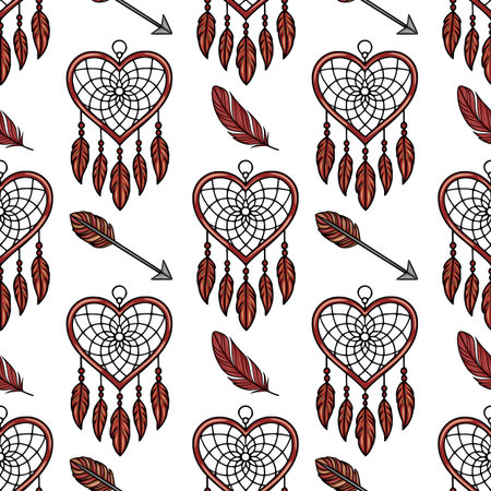 Seamless vector pattern featuring heart-shaped dreamcatchers, adorned with maroon feathers and complemented by stylized arrows, creating a captivating bohemian design.のイラスト素材