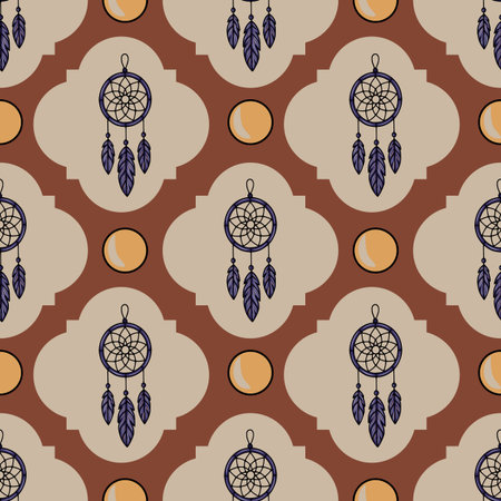 Seamless vector pattern featuring dreamcatchers with purple feathers and stylized moons on a terracotta and beige background, perfect for textile design or boho-chic branding.のイラスト素材
