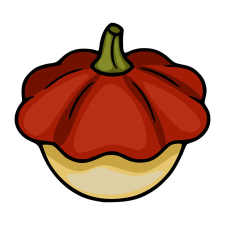 Vector illustration of a stylized pattypan squash with a red top and beige bottom, featuring a unique cartoonish style and bold outlines.のイラスト素材