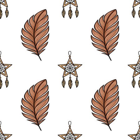 Seamless vector pattern with stylized brown feathers and star dream catchers, perfect for boho chic textile design or modern wallpaper.のイラスト素材