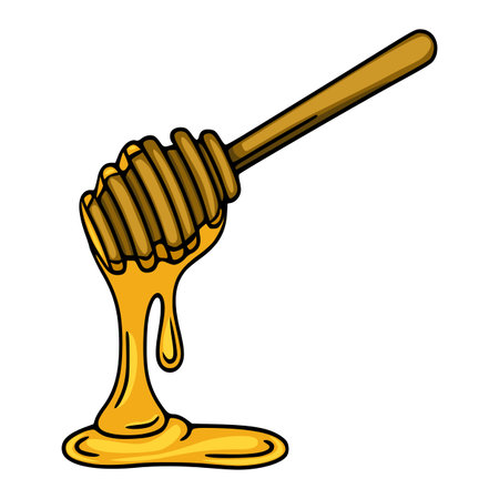 A vector illustration of a honey dipper with dripping honey, showcasing a detailed wooden handle and golden honey texture.のイラスト素材
