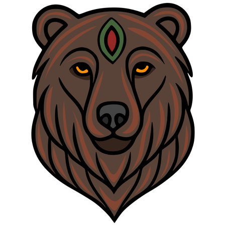 Mystical Brown Bear Vector Illustration: A stylized bear head with a third eye, featuring intricate linework and earthy tones, perfect for spiritual or nature-themed designs.のイラスト素材