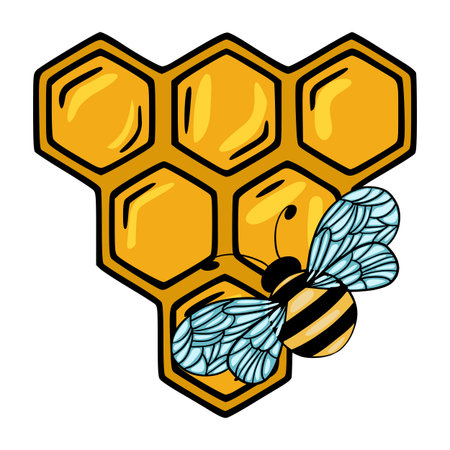 Honeycomb Vector Illustration: A Detailed Depiction of a Honeycomb Section with a Cartoon Bee, Featuring Vibrant Yellow and Light Blue Hues.のイラスト素材