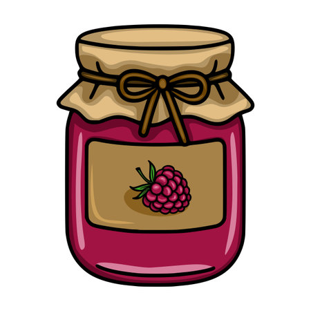Delightful vector illustration of a raspberry jam jar with a hand-drawn style, featuring a charming paper lid tied with a brown ribbon and a label showcasing a single raspberry.のイラスト素材