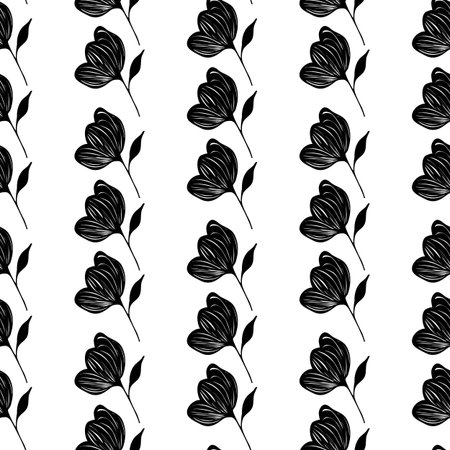 Seamless vector pattern with stylized black and white flowers arranged in vertical lines, creating a minimalist and elegant floral design.のイラスト素材