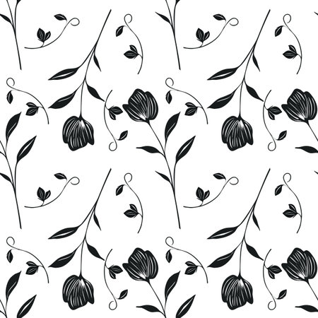 Seamless vector pattern with stylized black floral elements on a white background, featuring elegant tulip-like flowers and swirling vines for textile design.のイラスト素材