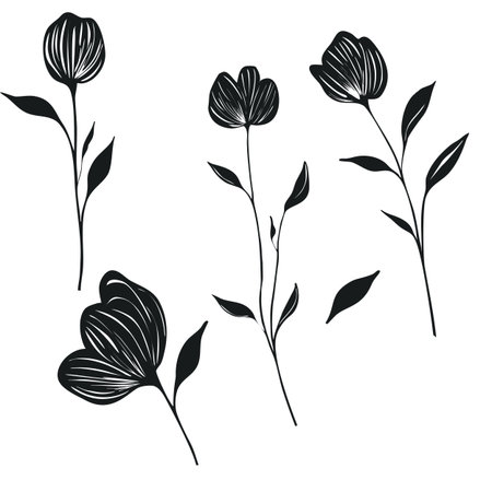 Elegant vector illustration of five stylized black floral elements with linear textures, isolated on white background, perfect for design projects.のイラスト素材