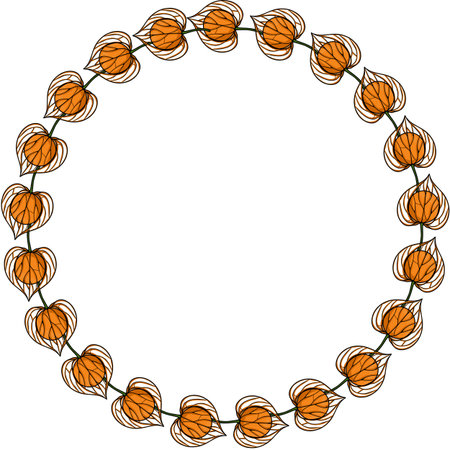 Elegant circular vector frame design featuring a continuous garland of stylized Physalis alkekengi, showcasing vibrant orange hues and intricate white-lined details against a stark white background.のイラスト素材