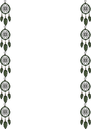 Elegant vector frame design featuring a repeating pattern of dark green dream catchers with feathers, perfect for invitations, cards, or backgrounds.のイラスト素材