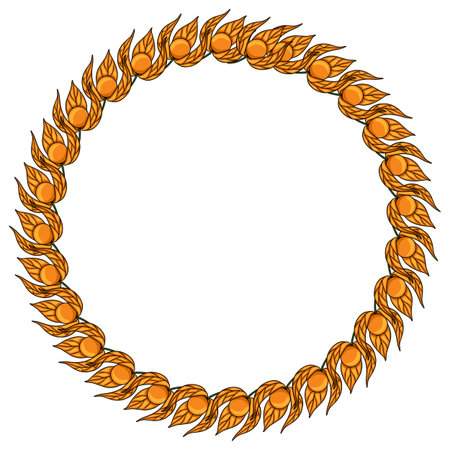 Elegant vector round frame design featuring a continuous pattern of stylized physalis fruits and leaves in warm orange hues, perfect for autumnal or harvest-themed projects.のイラスト素材