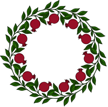 Elegant vector wreath design featuring a circular arrangement of pomegranate fruits and green leaves, perfect for Rosh Hashanah or autumnal themes.のイラスト素材