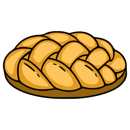 A vector illustration of a challah bread, a traditional Jewish bread, depicted in a cartoon style with a braided top and golden-brown color, perfect for Rosh Hashanah or other Jewish holiday designs.のイラスト素材